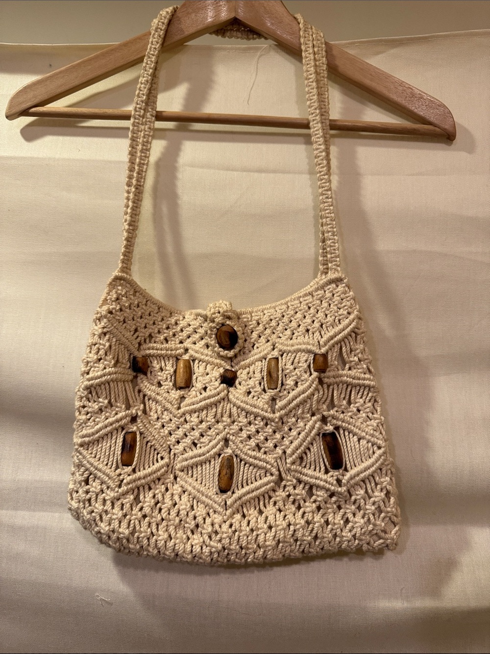 Vintage Cream Macrame Purse with Wooden Bead Accents Made in the Philippines